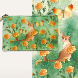 Kosmetyczka "Senny kotek" płaska, zielony tył, zielony zamek