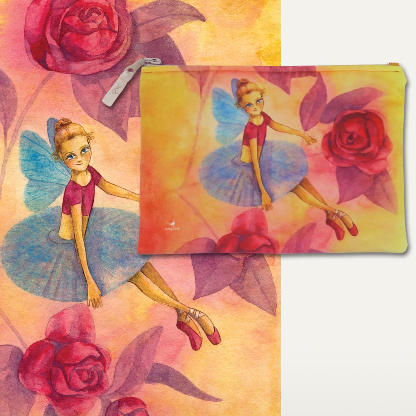 Kosmetyczka "Wśród kamelii" płaska, brzoskwiniowy tył, beżowy zamek