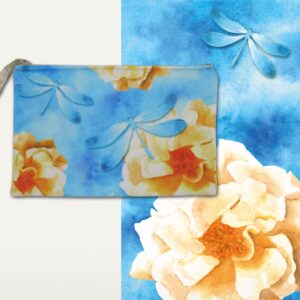 Kosmetyczka "Niebieska ważka" płaska, żółty tył, beżowy zamek