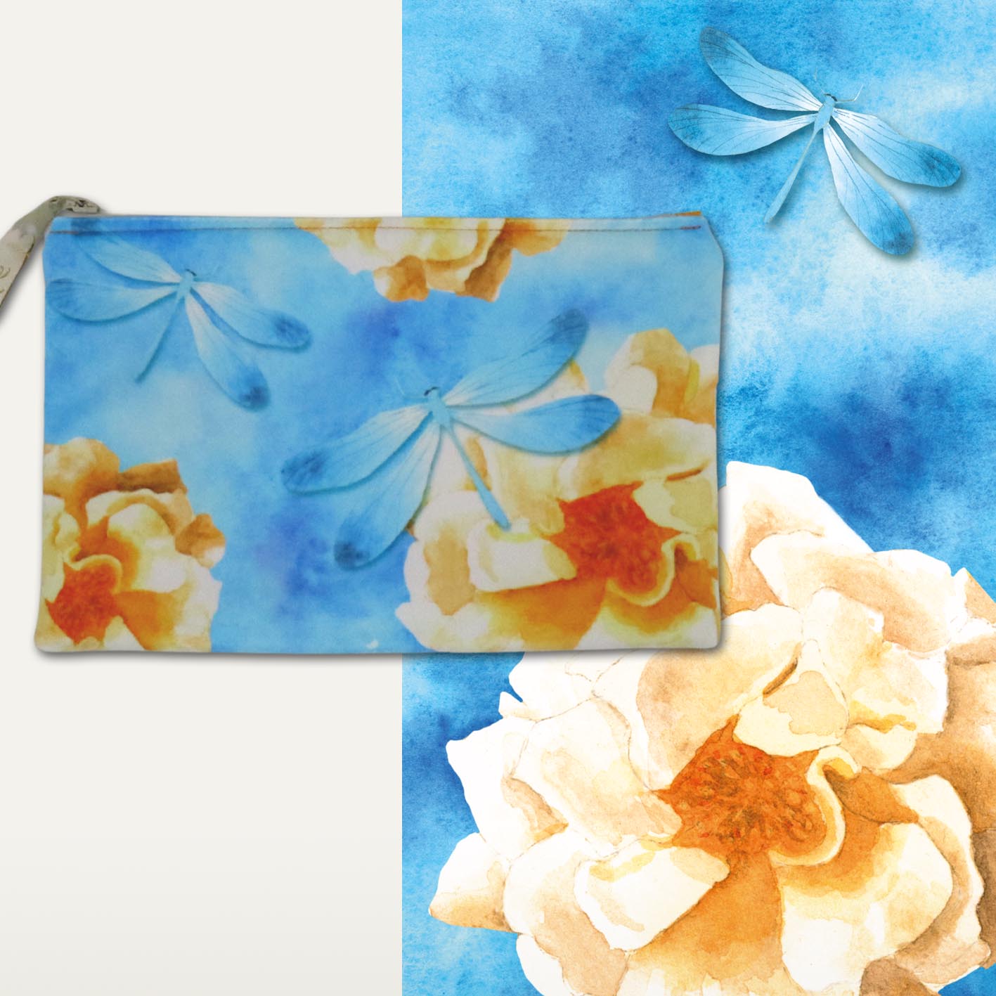 Kosmetyczka "Niebieska ważka" płaska, żółty tył, beżowy zamek