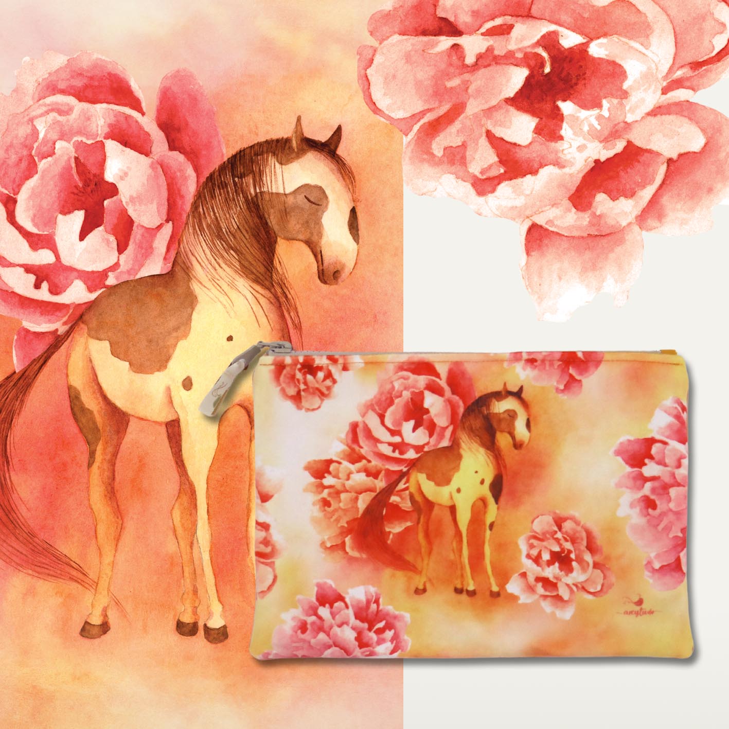 Kosmetyczka "Łaciaty koń" płaska, brzoskwiniowy tył, beżowy zamek