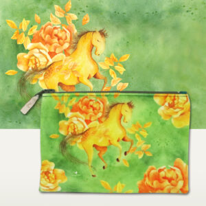 Kosmetyczka "Żółty koń" płaska, zielony tył, zielony zamek