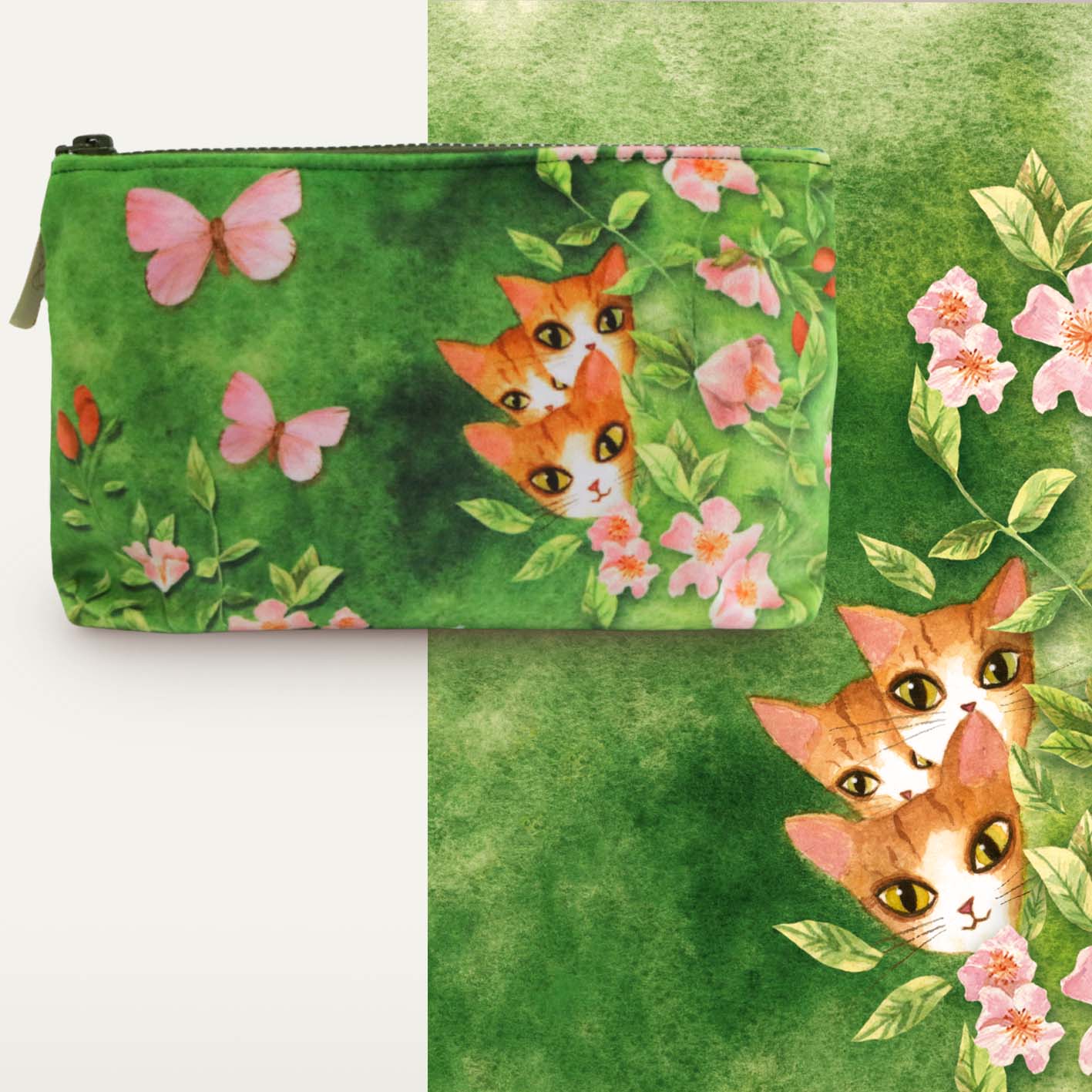 Kosmetyczka "Trzy ciekawskie kotki" zielony tył, zielony zamek