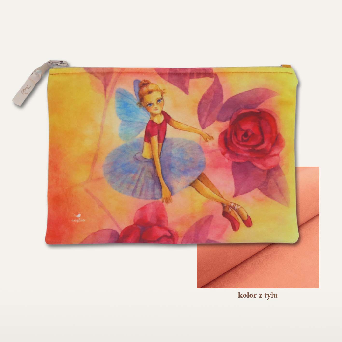 Kosmetyczka "Wśród kamelii" płaska, brzoskwiniowy tył, beżowy zamek - obrazek 2