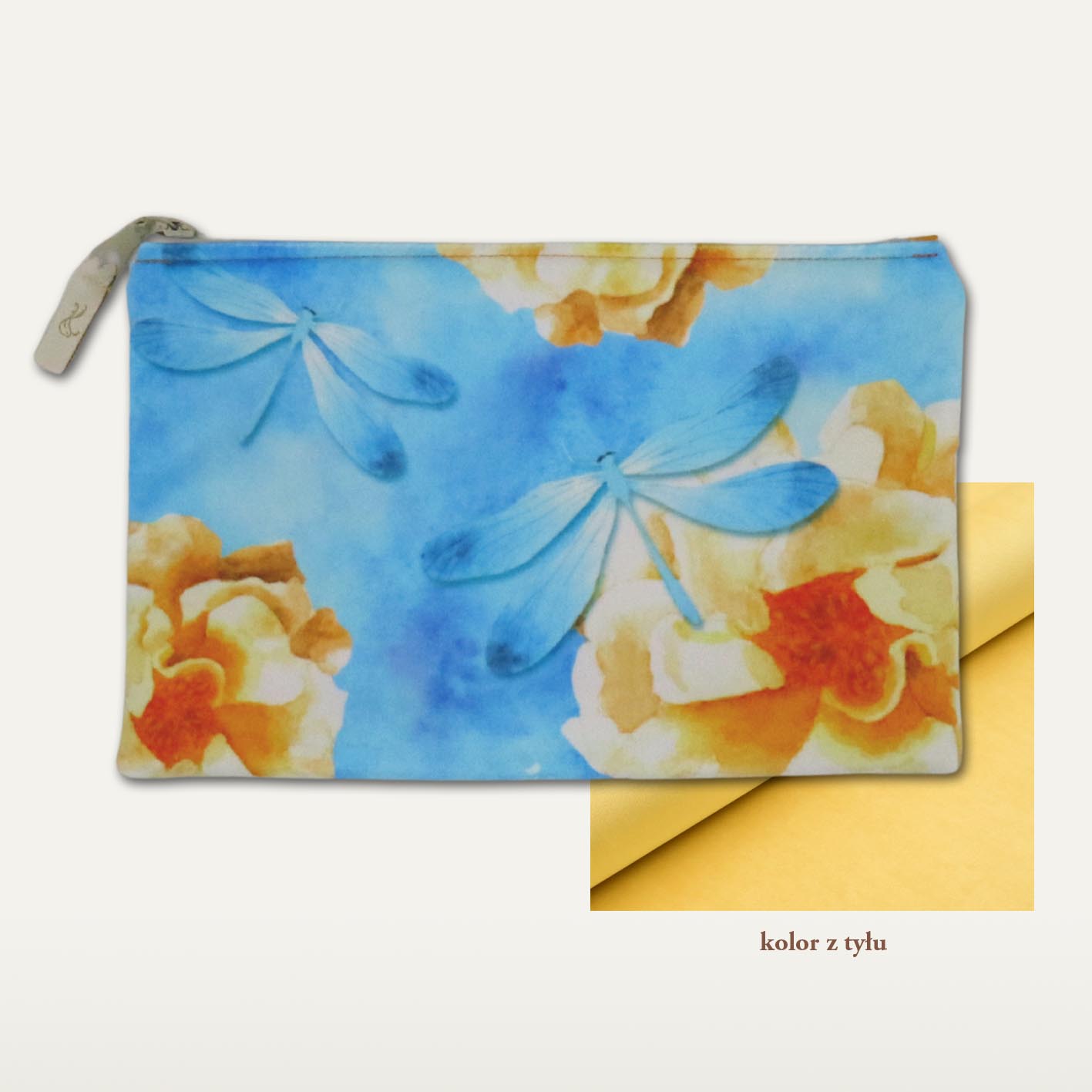 Kosmetyczka "Niebieska ważka" płaska, żółty tył, beżowy zamek - obrazek 2