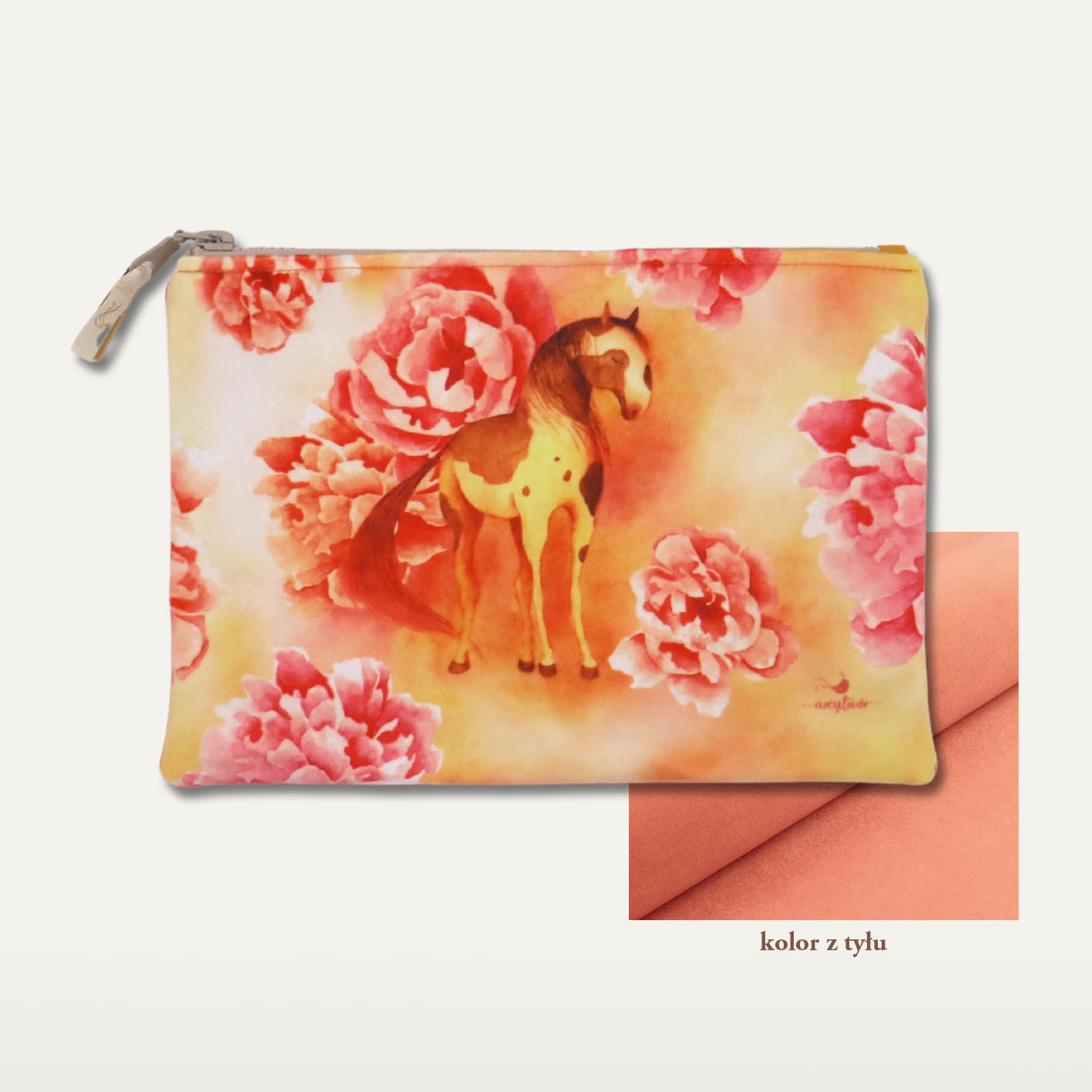 Kosmetyczka "Łaciaty koń" płaska, brzoskwiniowy tył, beżowy zamek - obrazek 2