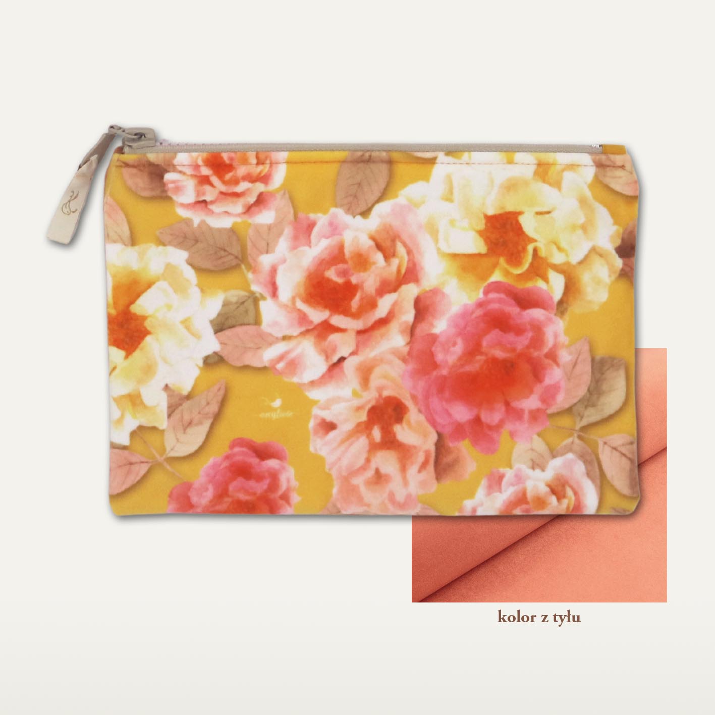 Kosmetyczka "Rozkwit w pełni" płaska, brzoskwiniowy tył, beżowy zamek - obrazek 2